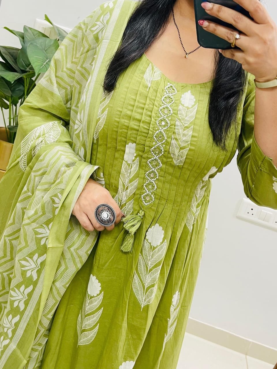 Green Cotton Embroidered Kurti Suit Set with Dupatta
